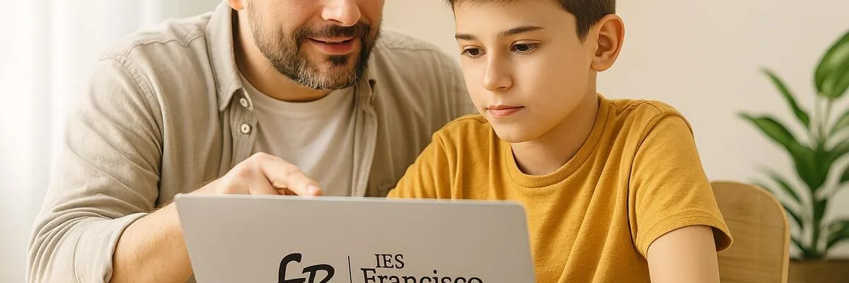 Niño rellenando matrícula online junto a su padre con el logo del IES Francisco Javier de Burgos en el ordenador